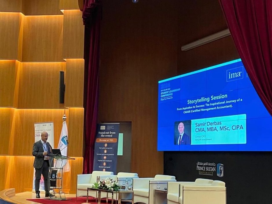 Samir Derbas speaking at IMA Middle East Student Leadership Conference 2024
